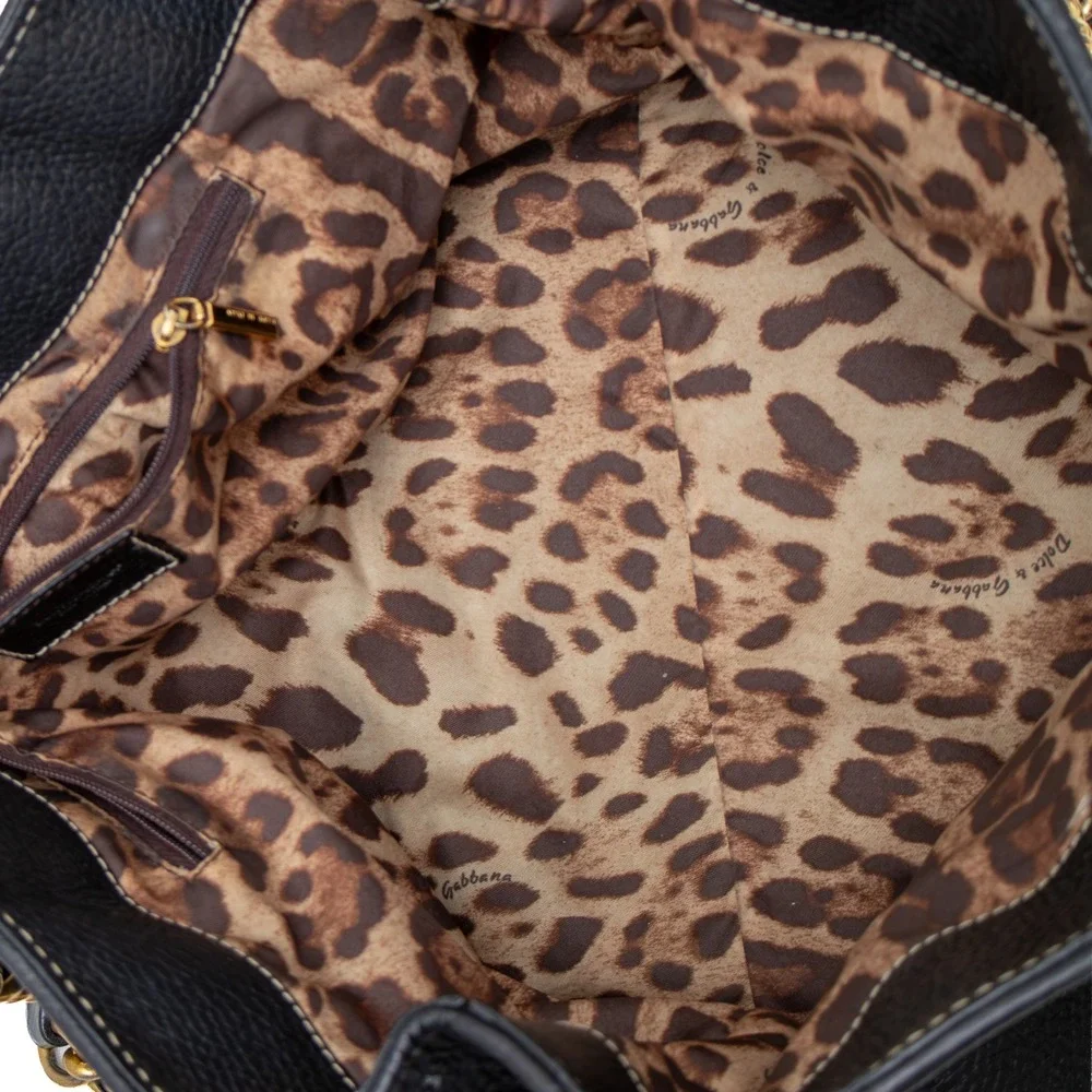 Dolce & Gabbana Black Pebbled Leather Chain Shoulder Tote Bag DG Leopard